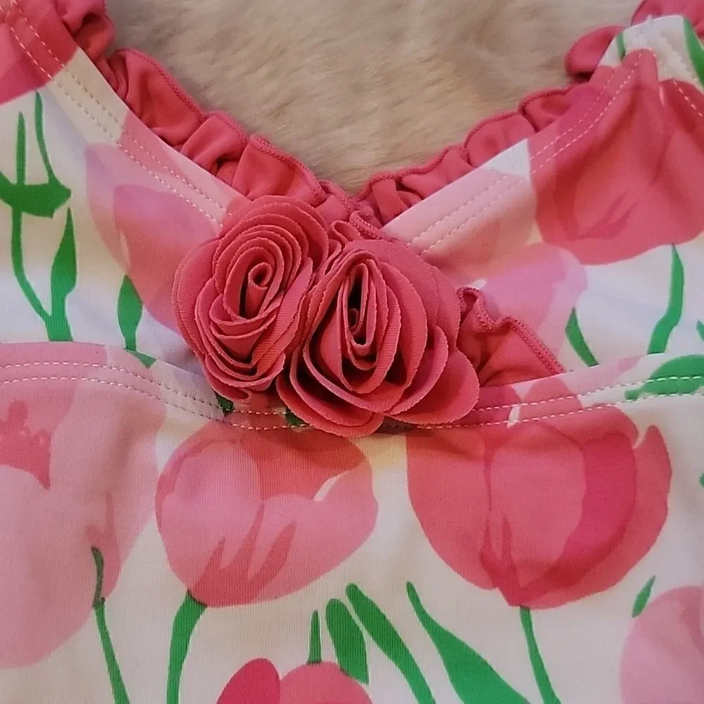 JANIE AND JACK PINK TULIP PATTERN SWIMSUIT, SIZE 2T